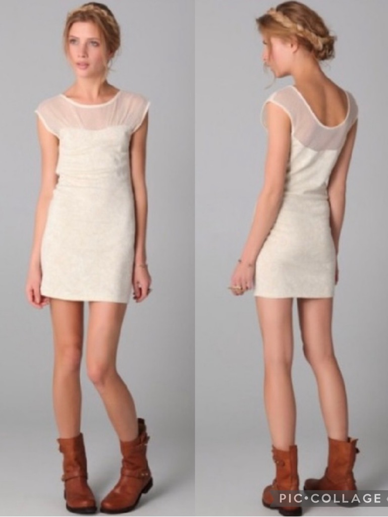 Free People Cream Swiss Dot Mesh Embroidered Gold Lurex Party Cocktail Dress